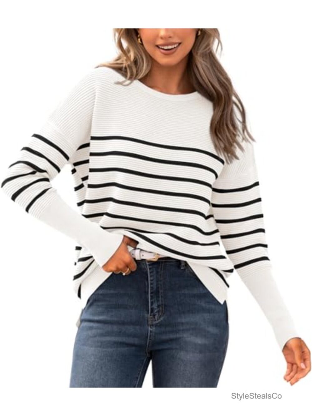 Women's Ribbed Knit Striped Pullover Sweater Long Sleeve Crew Neck